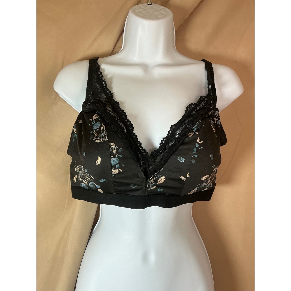 Torrid Curve Bralette Womens 1 Black Excellent Floral Lace Trim V-Neck Wire-free